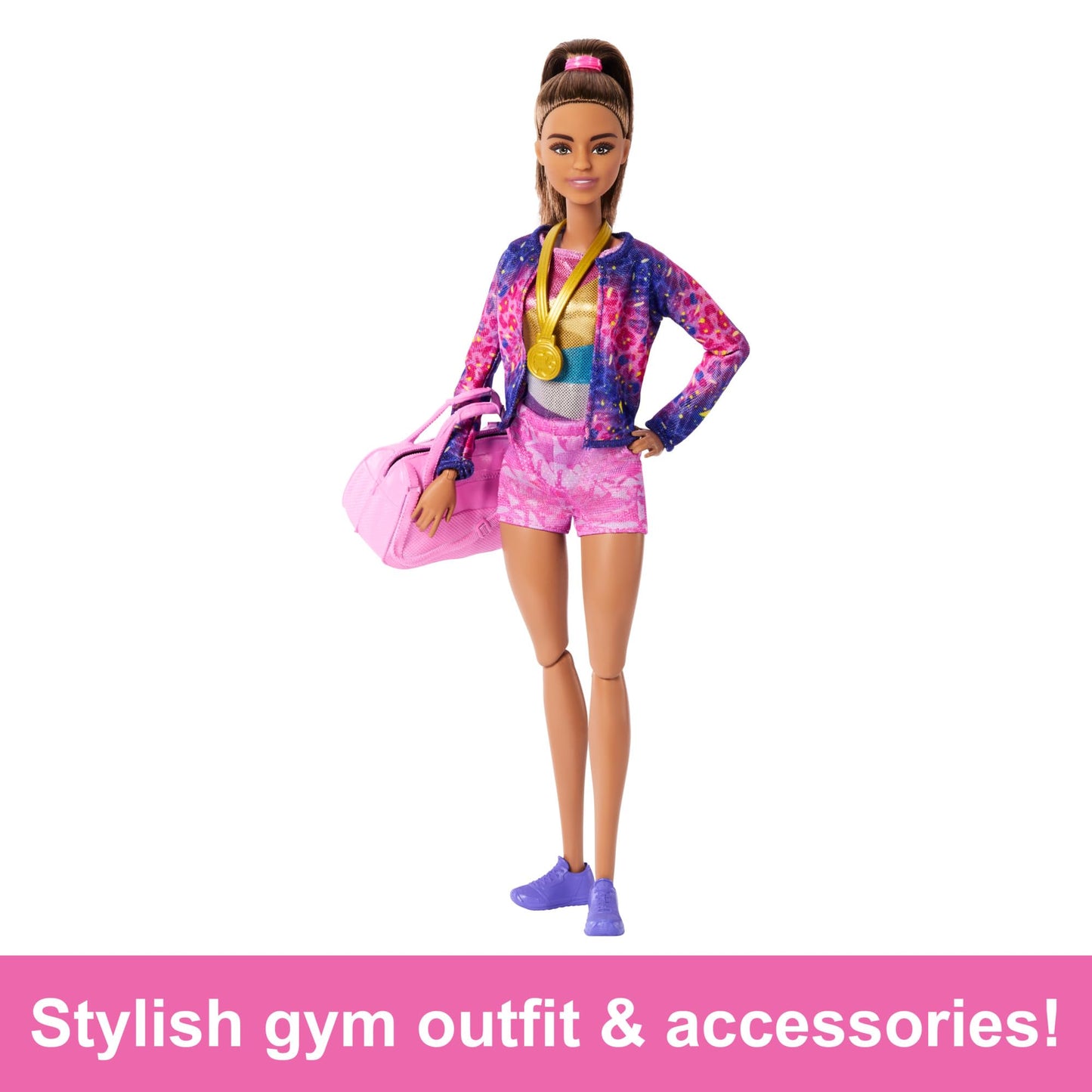 Barbie gymnastics doll playset with brunette doll, balance beam, warm-up suit, accessories, and flipping action C-clip.