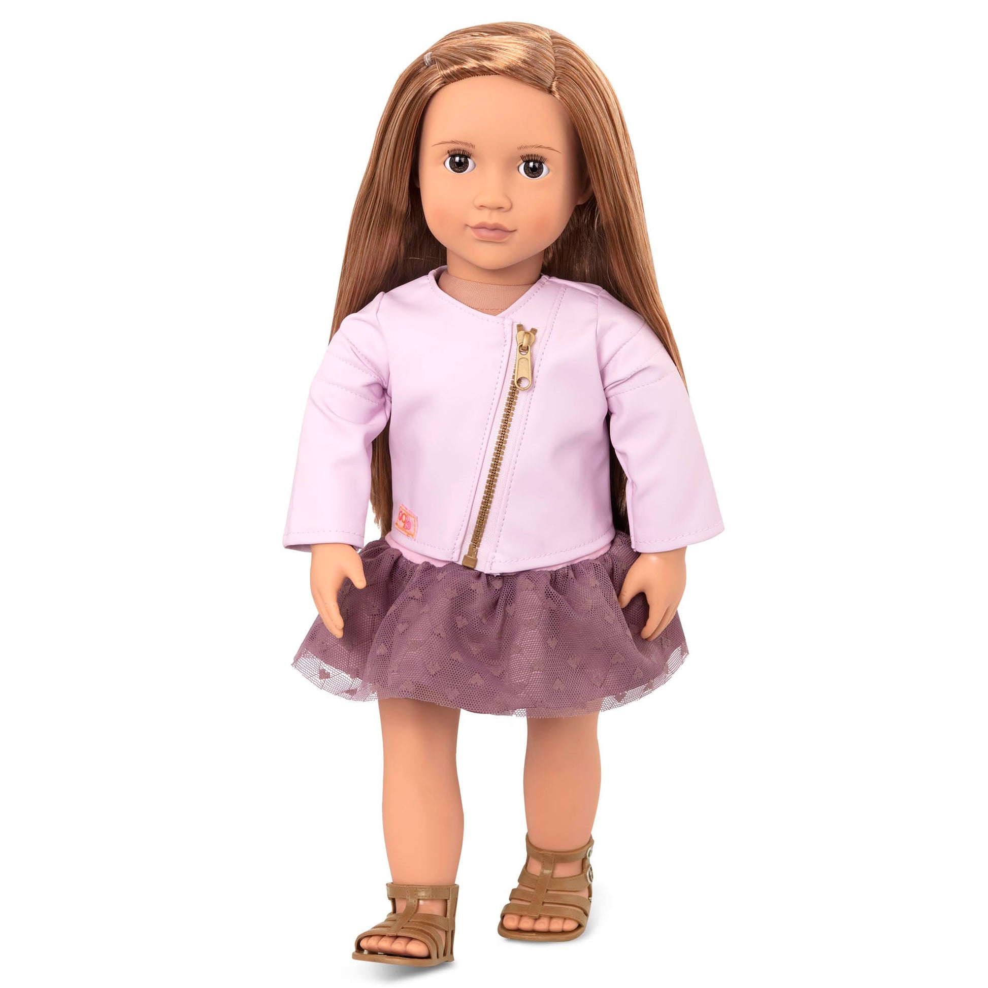Our Generation Vienna 46cm non-posable fashion doll with purple and pink dress, pink faux-leather jacket, undies, and sandals.