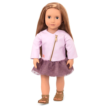 Our Generation Vienna 46cm non-posable fashion doll with purple and pink dress, pink faux-leather jacket, undies, and sandals.