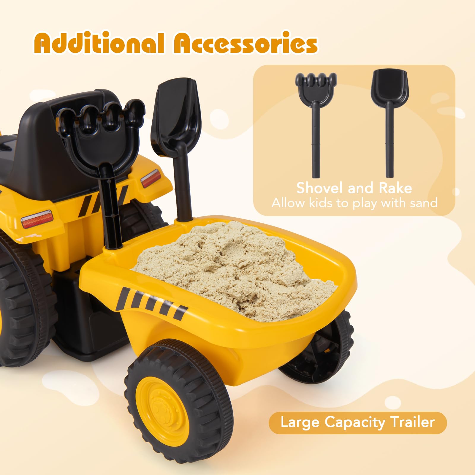 COSTWAY kids ride-on tractor toy with LED lights, horn, detachable trailer, shovel, and foot-to-floor design for toddlers 12-36 months