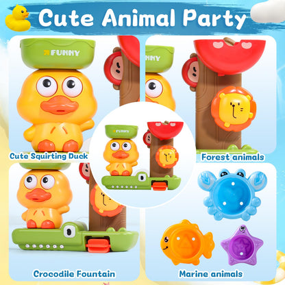 Fajiabao bath toys for toddlers featuring a spoon and three stackable animal cups for water play fun.