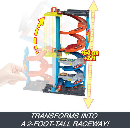 Hot Wheels City Racetrack with transforming race tower in race mode, featuring a 1:64 scale toy car for ages 3 and up.