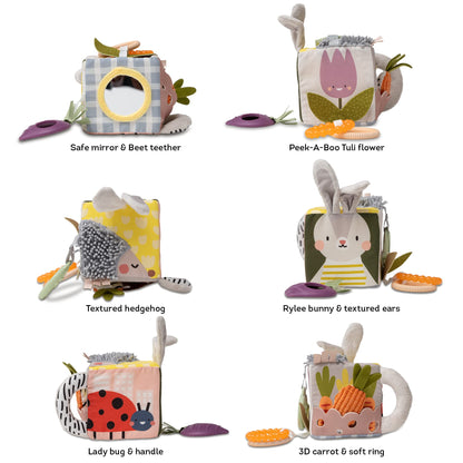 Taf Toys Urban Garden Activity Cube Sensory Baby Hanging Toy. Includes Teether, Baby Safe Mirror, Padded Handle, Chime Bell. Clips on Cot, Pram or Car Seat. Suitable for Boys & Girls 0 month +