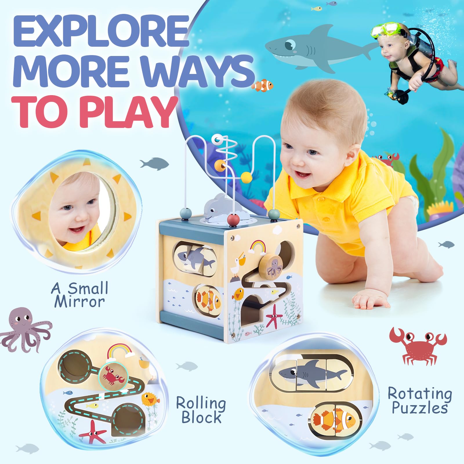 Airlab wooden activity cube with bead maze, shape sorter, and sensory toys for 1-year-old babies, educational Montessori-style toy.