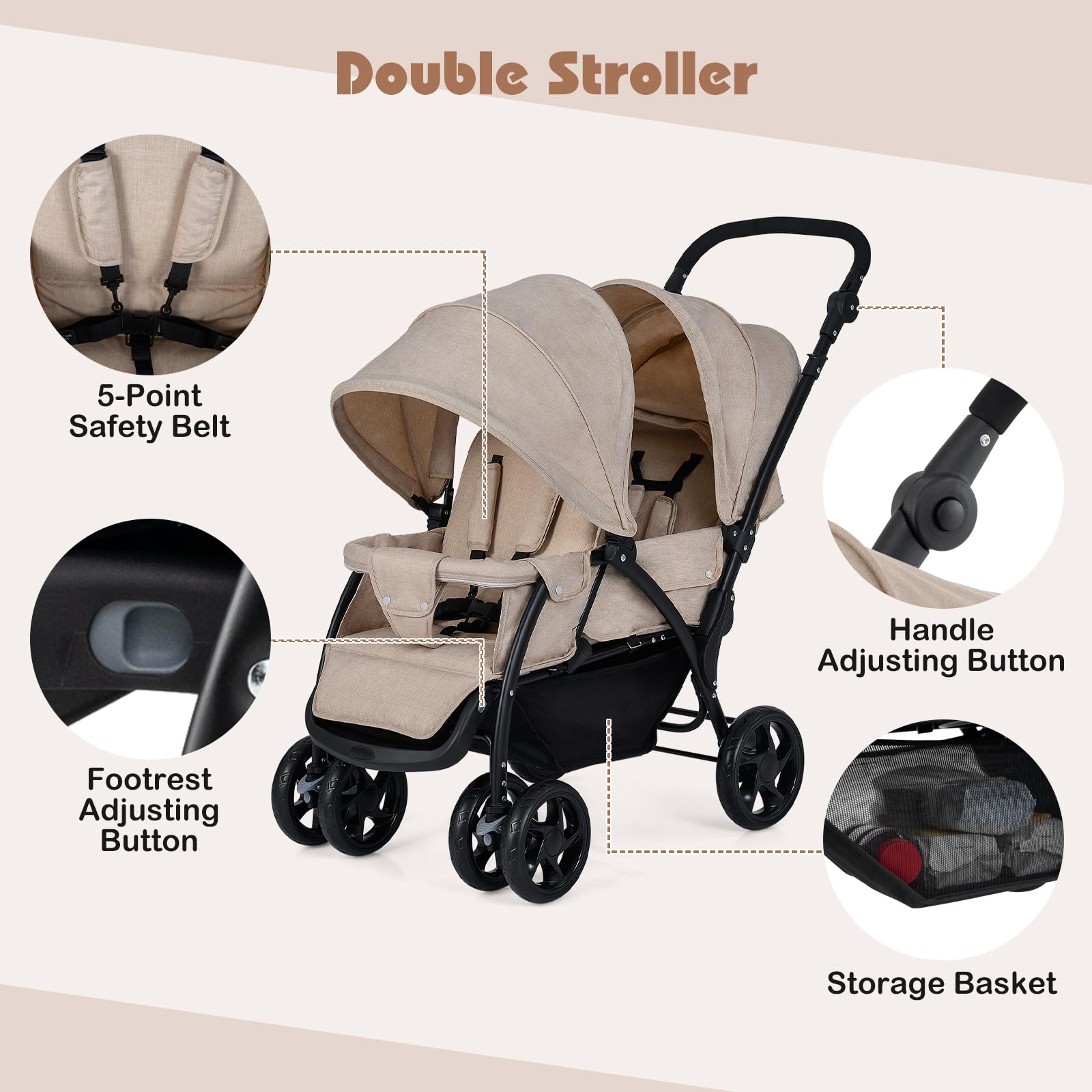 Costway double seat pushchair with foldable tandem design, adjustable backrest, sunshade, safety belts, and storage basket in khaki.
