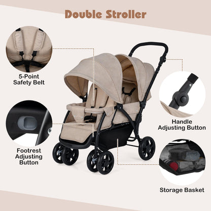 Foldable Twin Stroller, Double Baby Pushchair w/Multi-Level Backrest, Canopy, Handle & Footrest, Safety Belt & Brake System, Travel Tandem Seating Stroller w/Lockable Wheels (Khaki)