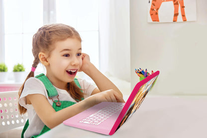 Pink LEXIBOOK Barbie bilingual laptop for children, featuring 124 educational activities and games in English and French.