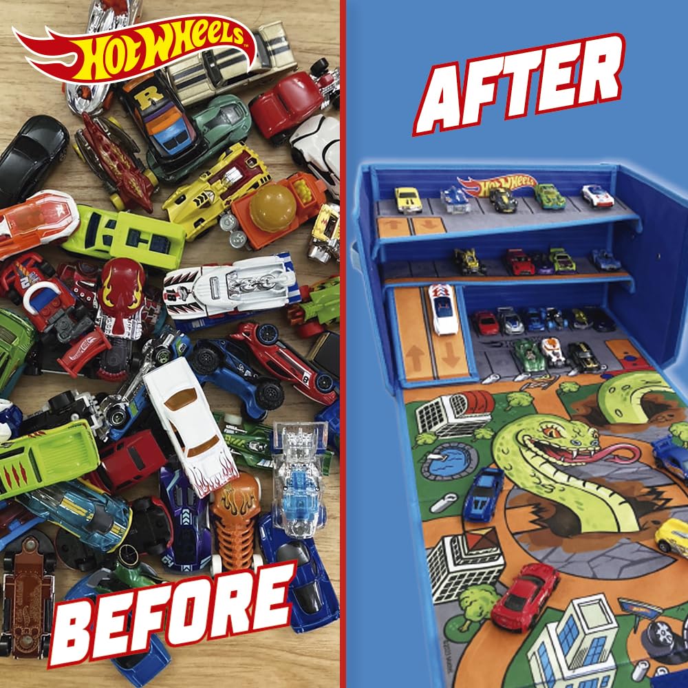 Hot Wheels 3-in-1 collapsible car storage box and playmat with speed roads, designed for toy car organization.