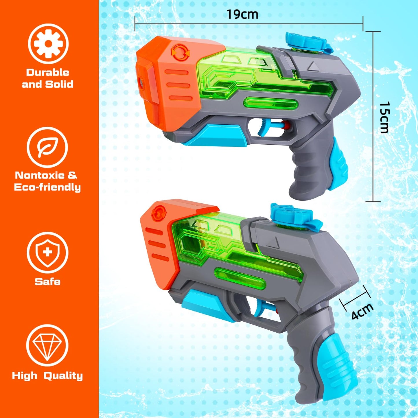 Quanquer mini water guns set with four colorful water pistols, designed for kids and adults, ideal for summer pool and beach fun.