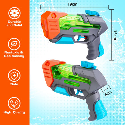 Quanquer mini water guns set with four colorful water pistols, designed for kids and adults, ideal for summer pool and beach fun.
