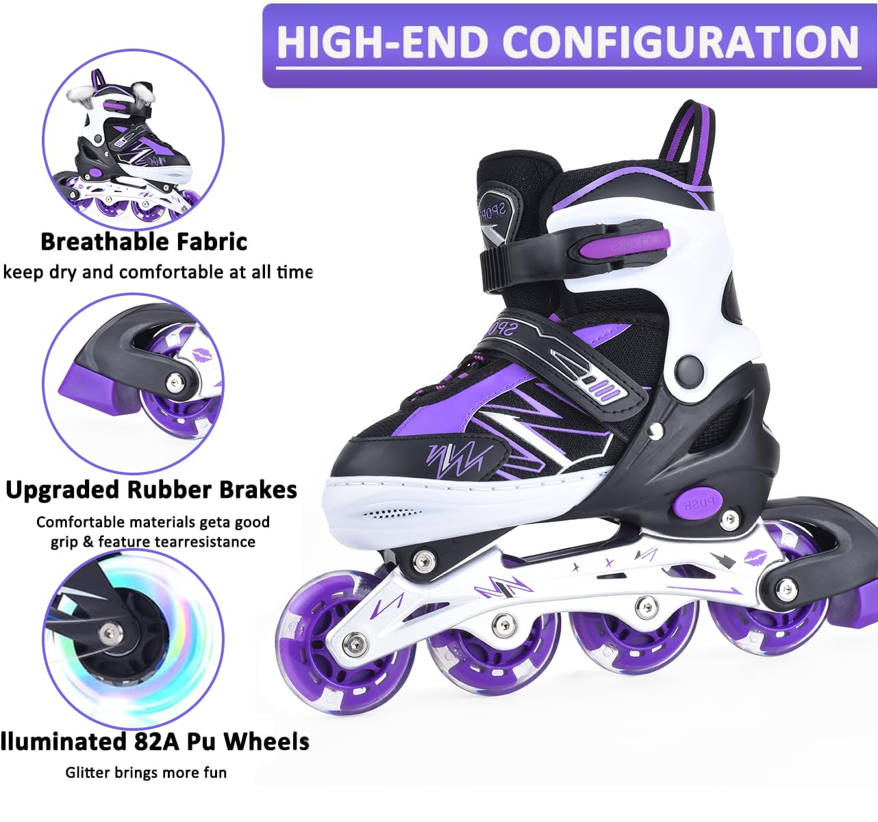 ERNAN adjustable kids inline skates in purple with light-up wheels, suitable for boys and girls, ideal for beginners.