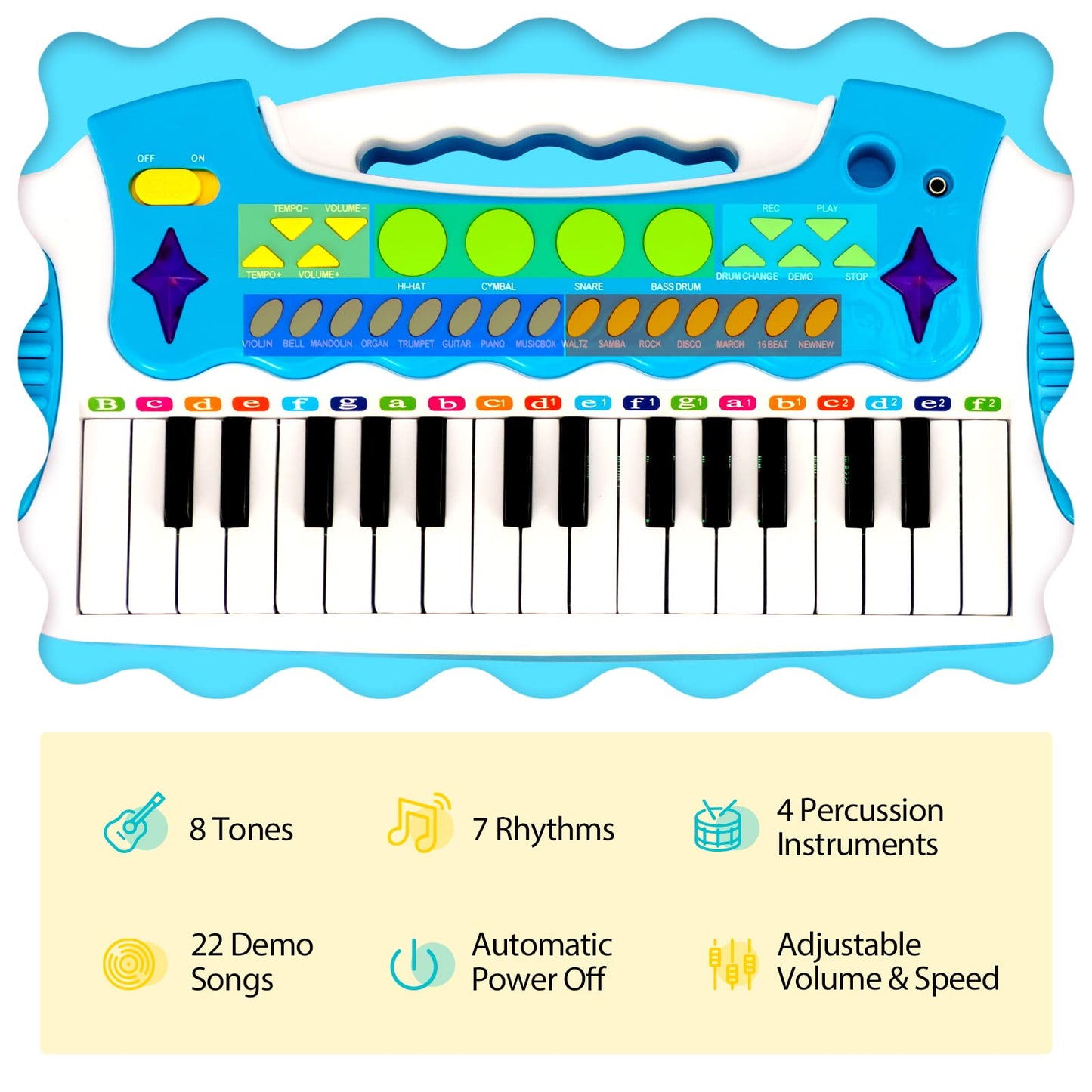 Blue COSTWAY 31-key kids electronic keyboard with stool, microphone, flashing lights, and recording features for boys and girls.