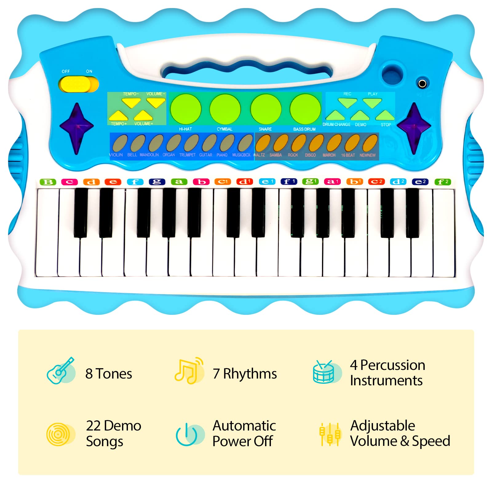 Blue COSTWAY 31-key kids electronic keyboard with stool, microphone, flashing lights, and recording features for boys and girls.
