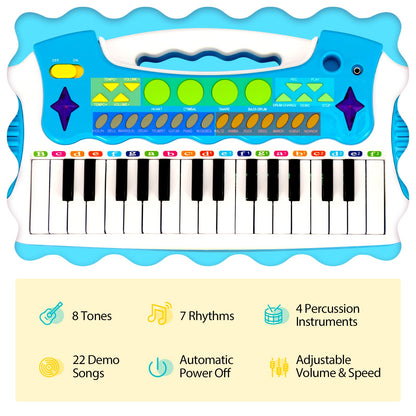 Blue COSTWAY 31-key kids electronic keyboard with stool, microphone, flashing lights, and recording features for boys and girls.