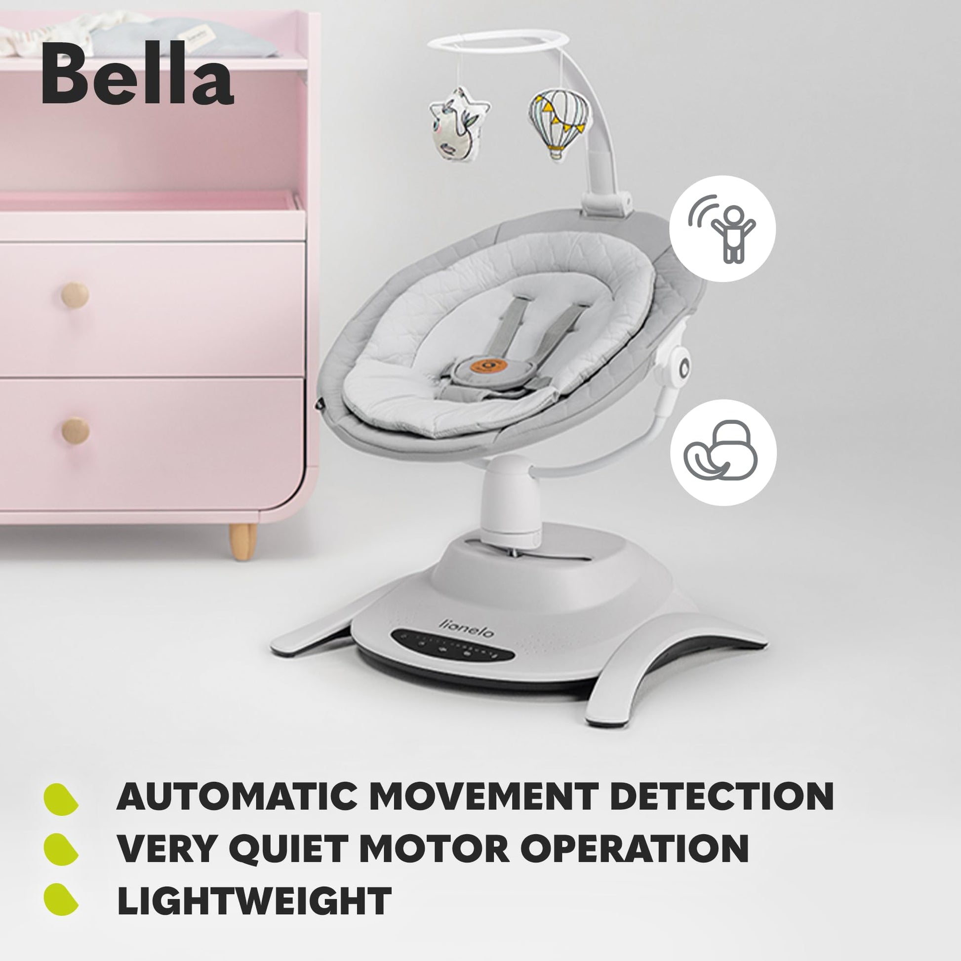 Lionelo Bella electric baby bouncer with 360° seat, swing motions, melodies, safety harness, remote control, and adjustable backrest.