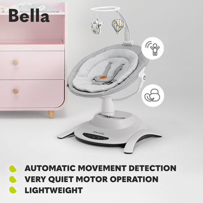 Lionelo Bella electric baby bouncer with 360° seat, swing motions, melodies, safety harness, remote control, and adjustable backrest.