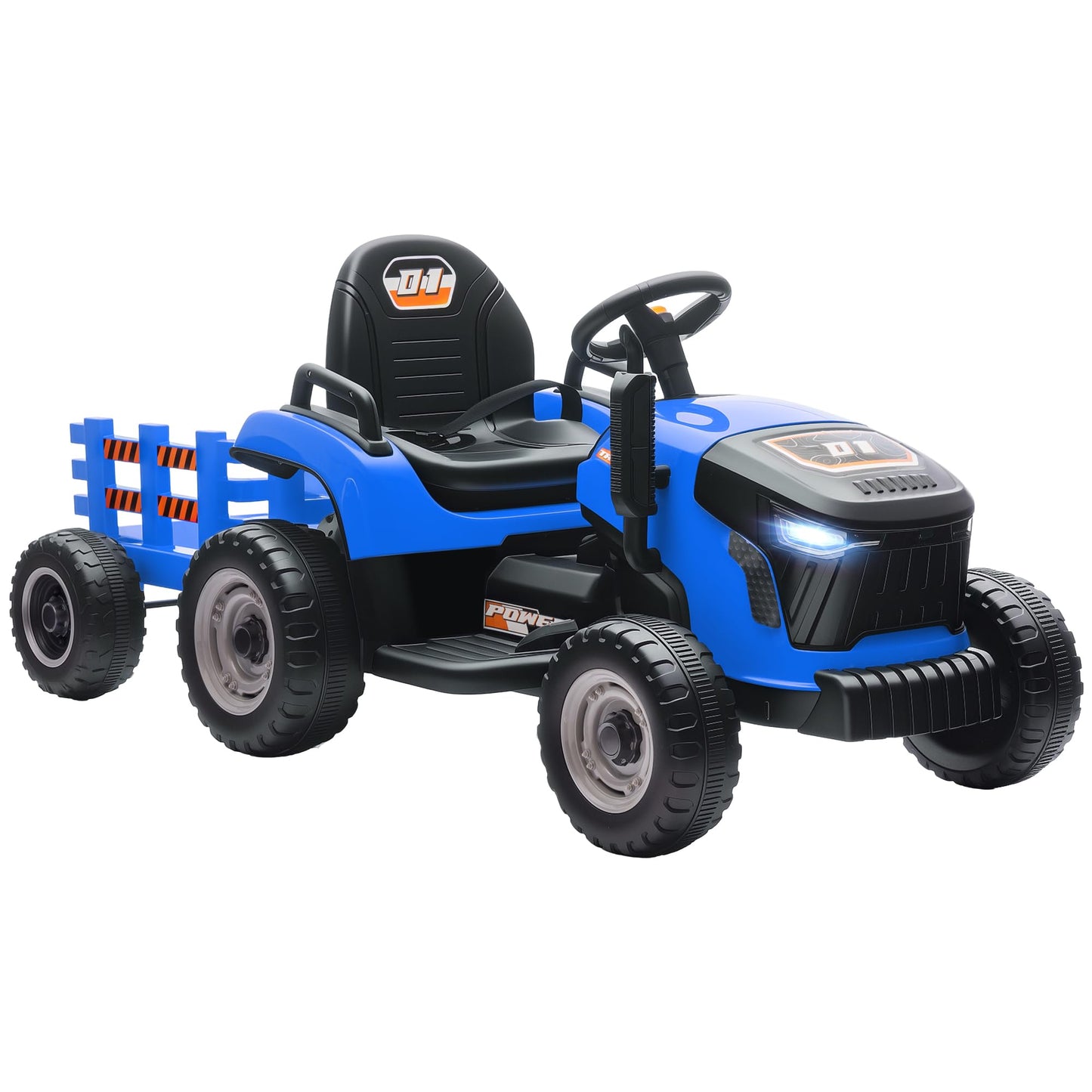 AIYAPLAY Ride on Tractor with Trailer, 12V Electric Vehicle with Remote Control, Ride on Car for Kids with Music, Shifter, Start-Up Sound for Ages 3-8 Years, Blue