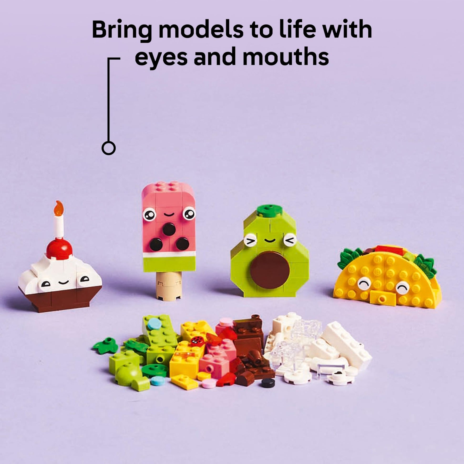 LEGO Classic Creative Food Friends Playset with colorful bricks to build a cupcake, ice cream, avocado, and taco.