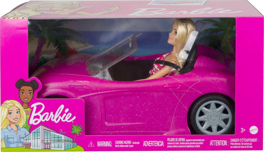 Barbie playset featuring a sparkly pink 2-seater convertible car, fashion doll in sundress and sunglasses.