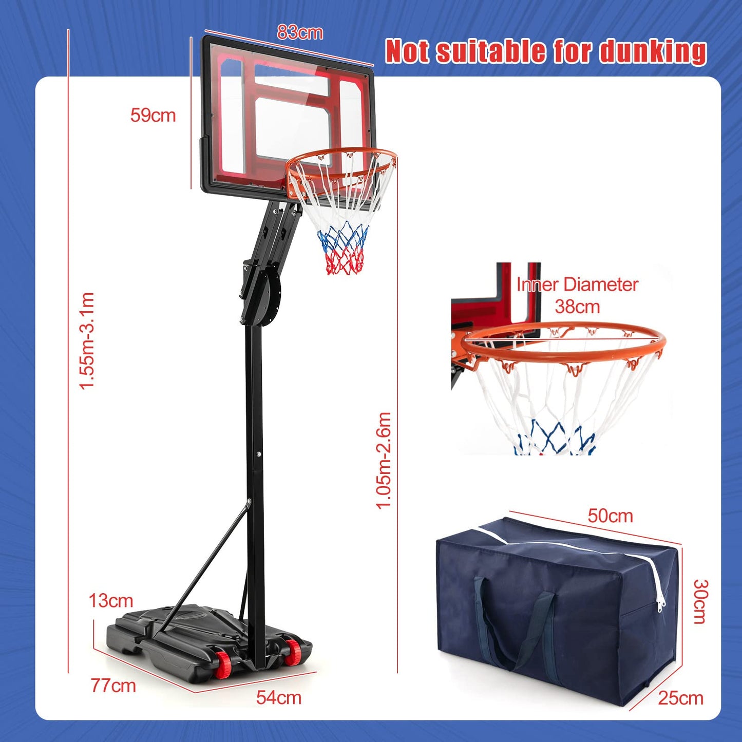 COSTWAY 10ft Basketball Backboard Hoop Net Set, 1.05M-2.6M Height Adjustable Basketball Stand with Wheels, Weighted Bag, for Kids, Junior and Adult