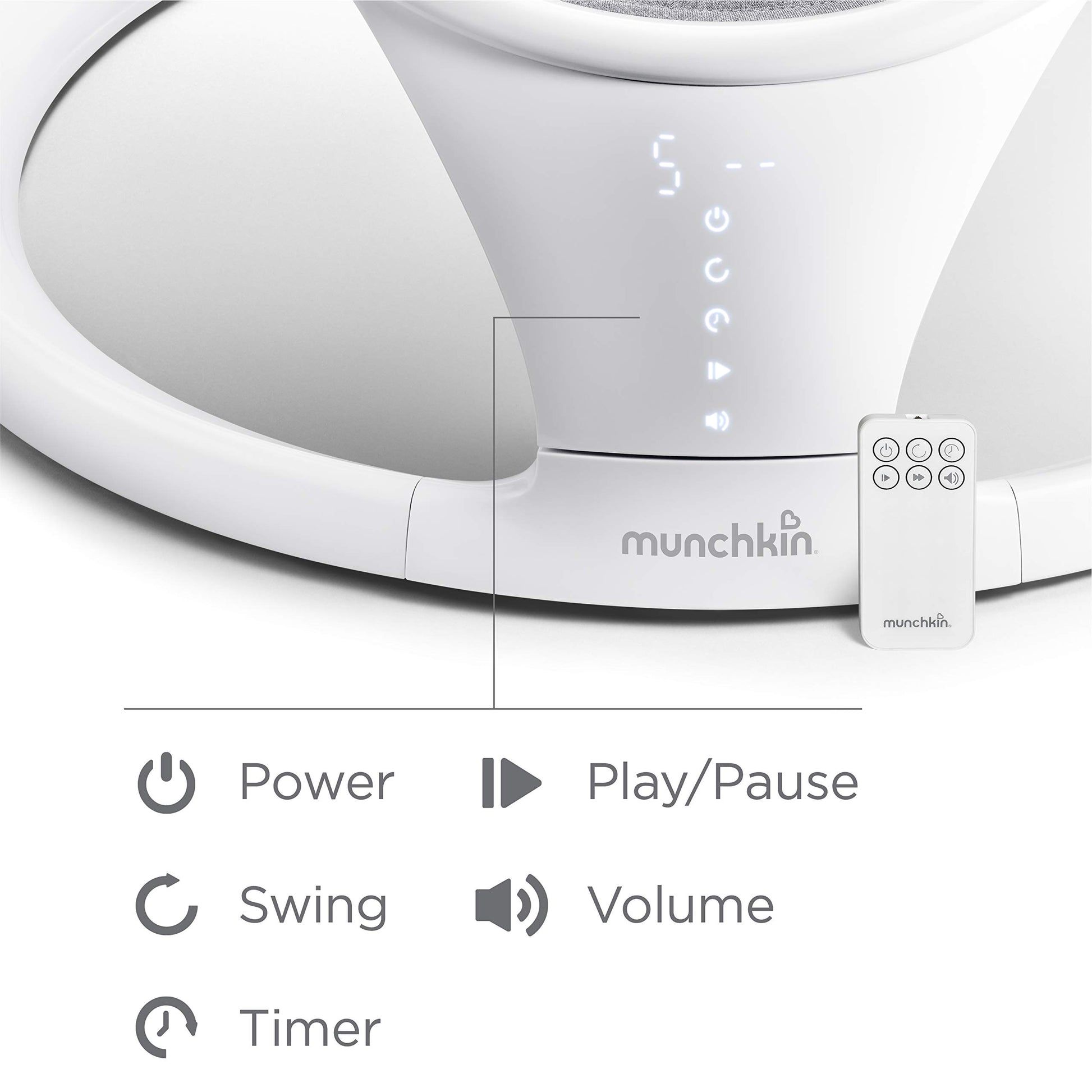 Munchkin electric baby swing in white with Bluetooth, portable bouncer chair featuring gentle bouncing, motion, and soothing sounds.