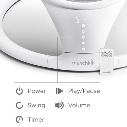 Munchkin electric baby swing in white with Bluetooth, portable bouncer chair featuring gentle bouncing, motion, and soothing sounds.