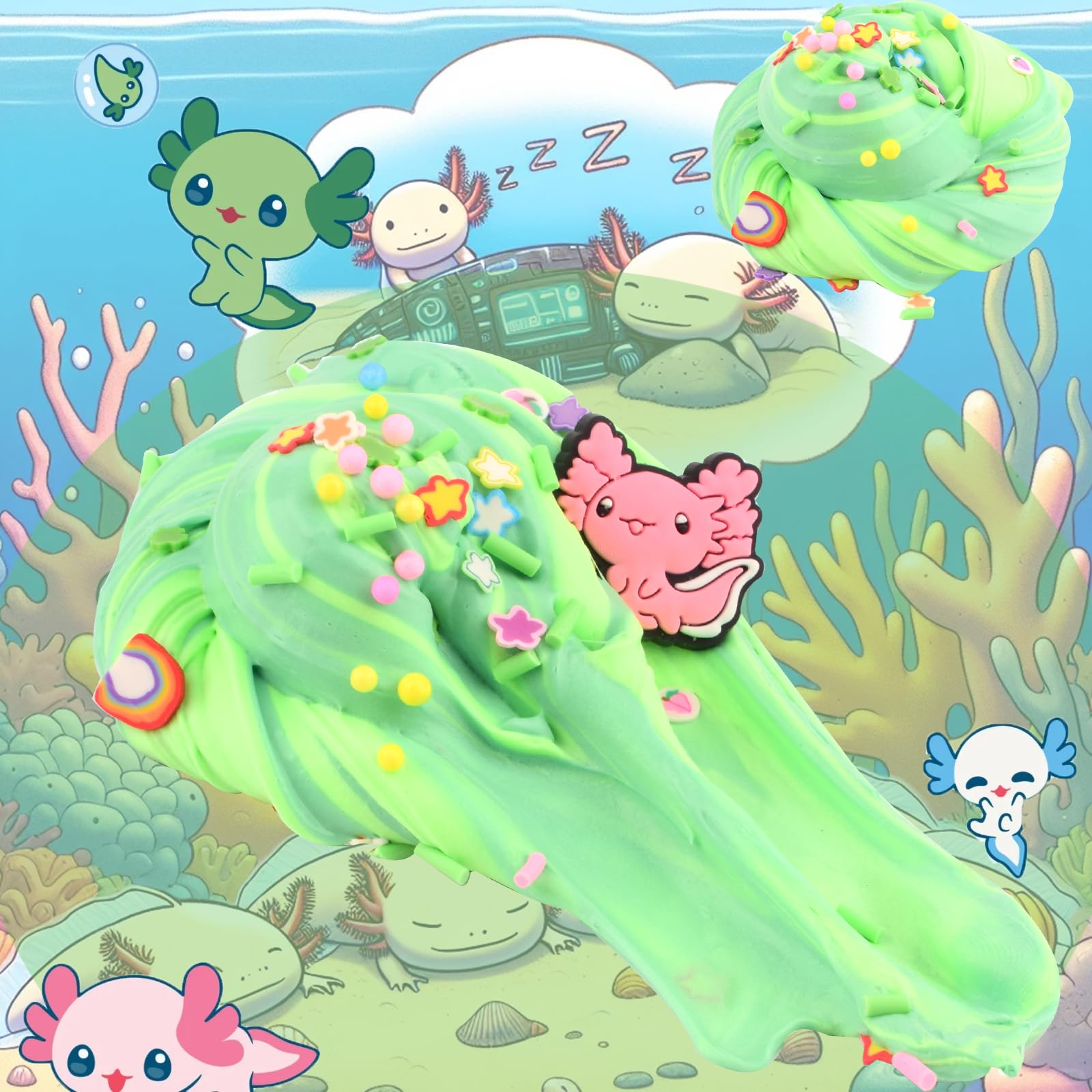 Six-pack of Axolotl slime kits by GEILEADER, includes blue butter cloud dough and crystal slime, perfect for kids' birthday gifts.