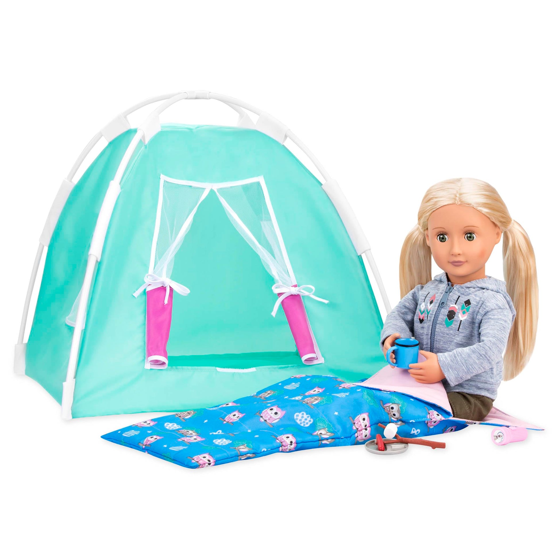 Our Generation Happy Camper set featuring a tent, sleeping bag, campfire accessories, and camping dishes for 18" dolls.