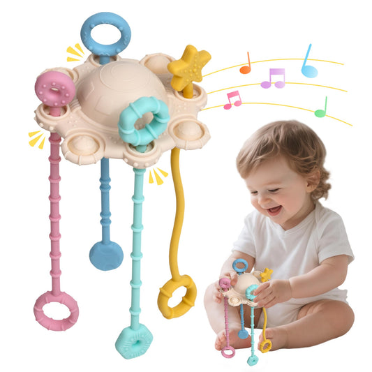ROWFEN Baby Sensory Toys - Montessori Silicone Pull String Toy Develops Sensory Skills for Babies, Built-in Rattle and Soft Press Function, Safe and Easy to Clean Design (Cream Color)