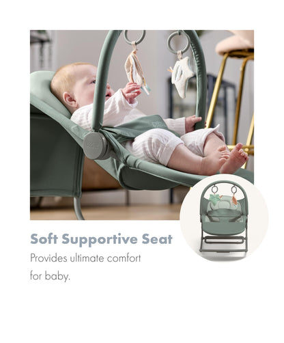 Mamas & Papas Tempo 3-in-1 rocker and bouncer for babies, lightweight with 3-point harness and magnetic toy bar, in Ivy color.