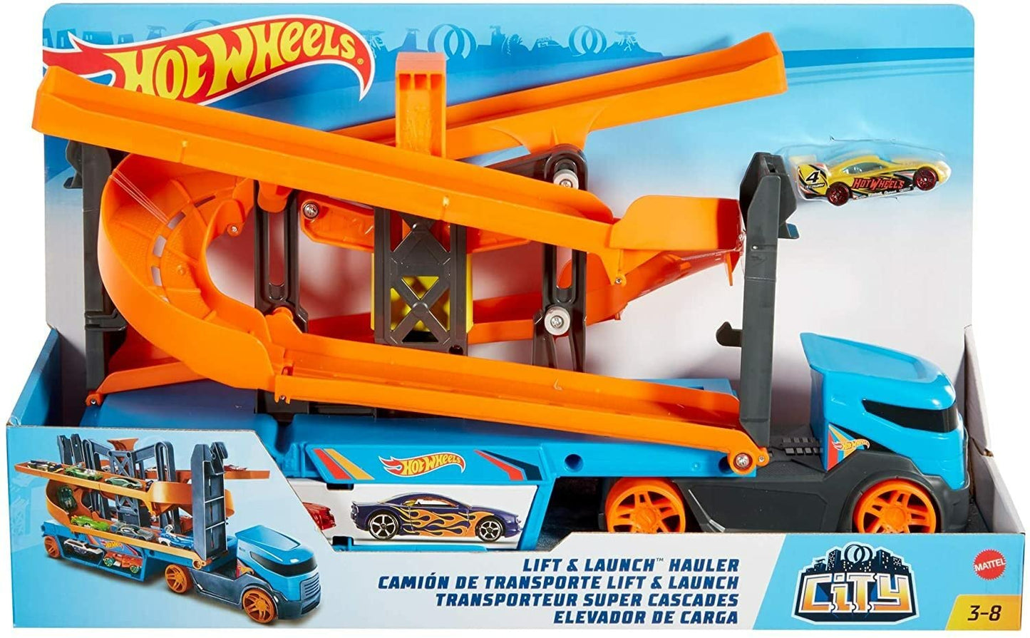 Hot Wheels City Lift & Launch Hauler Vehicle with Storage for up to 20 1:64 Cars, Lift and Launch Feature and 1 Hot Wheels Car, for 3 Year Olds and Up - GNM62