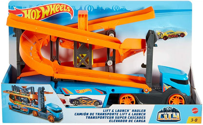 Hot Wheels City Lift & Launch Hauler Vehicle with Storage for up to 20 1:64 Cars, Lift and Launch Feature and 1 Hot Wheels Car, for 3 Year Olds and Up - GNM62