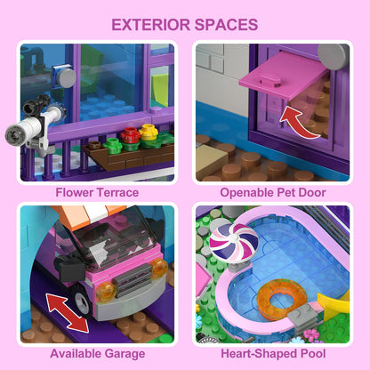 CUBIMANA Friends Girls House Building Set with LED Light - Pink Girl Villa Building Block with Car and Pool, 1317PCS Friends House Toy for Role Play, Christmas Birthday Gift for Girls Boys Age 6-14+