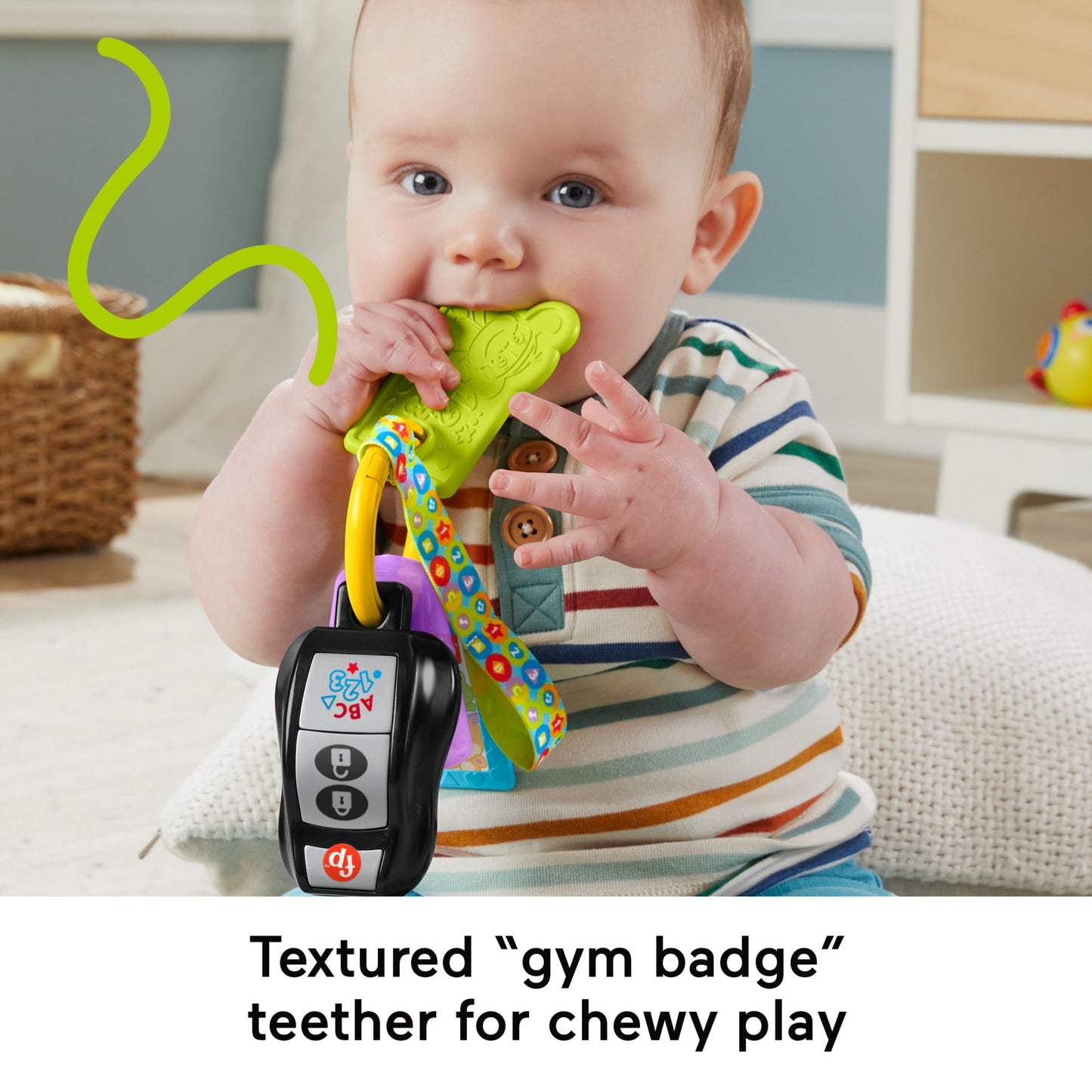 Fisher-Price Laugh & Learn baby musical toy keys with teether and mirror, suitable for ages 6+ months, in UK, French, and German versions