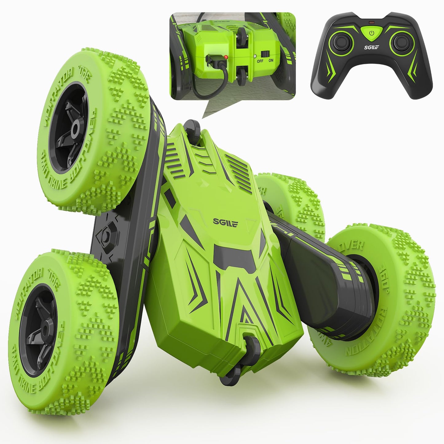 SGILE RC Stunt Car, Remote Control Car Toys with 2 Sided 360 Rotation, Direct Charge RC with Flips, Radio Controlled Cars for Boys Girls Kids Age 6+, Toy Gifts for Birthday Christmas, Green