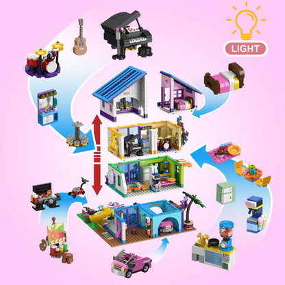 CUBIMANA Friends Girls House Building Set with LED Light - Pink Girl Villa Building Block with Car and Pool, 1317PCS Friends House Toy for Role Play, Christmas Birthday Gift for Girls Boys Age 6-14+