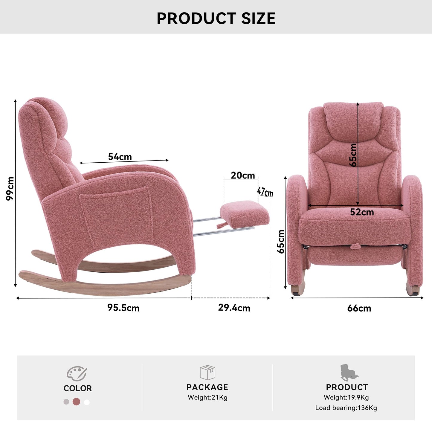Pink DEKKETO Teddy rocking chair with headrest, footrest, side pocket, plush upholstery, ideal for nursing and relaxation.