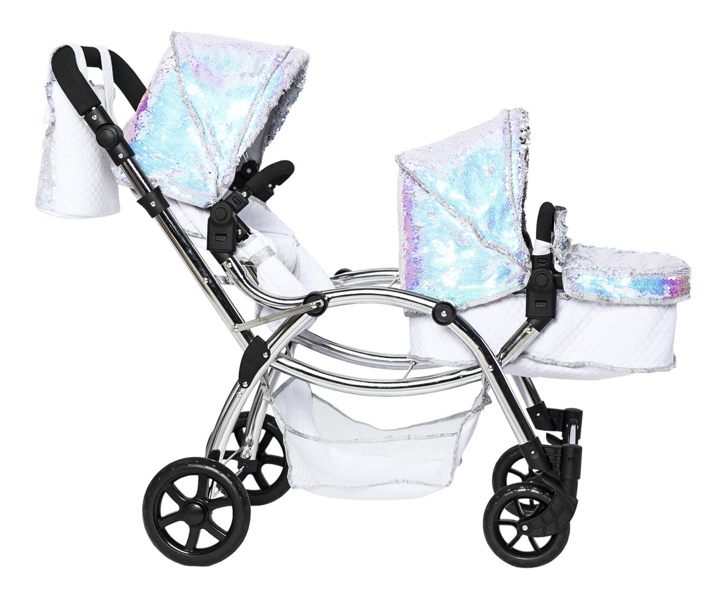 Roma Polly Dolls Pram 2-in-1 Dolls Pushchair, Double Buggy with Convertible Seat, Adjustable Handle, Foldable Canopy, Mermaid Print, Suitable for Ages 3-16, Perfect or Christmas