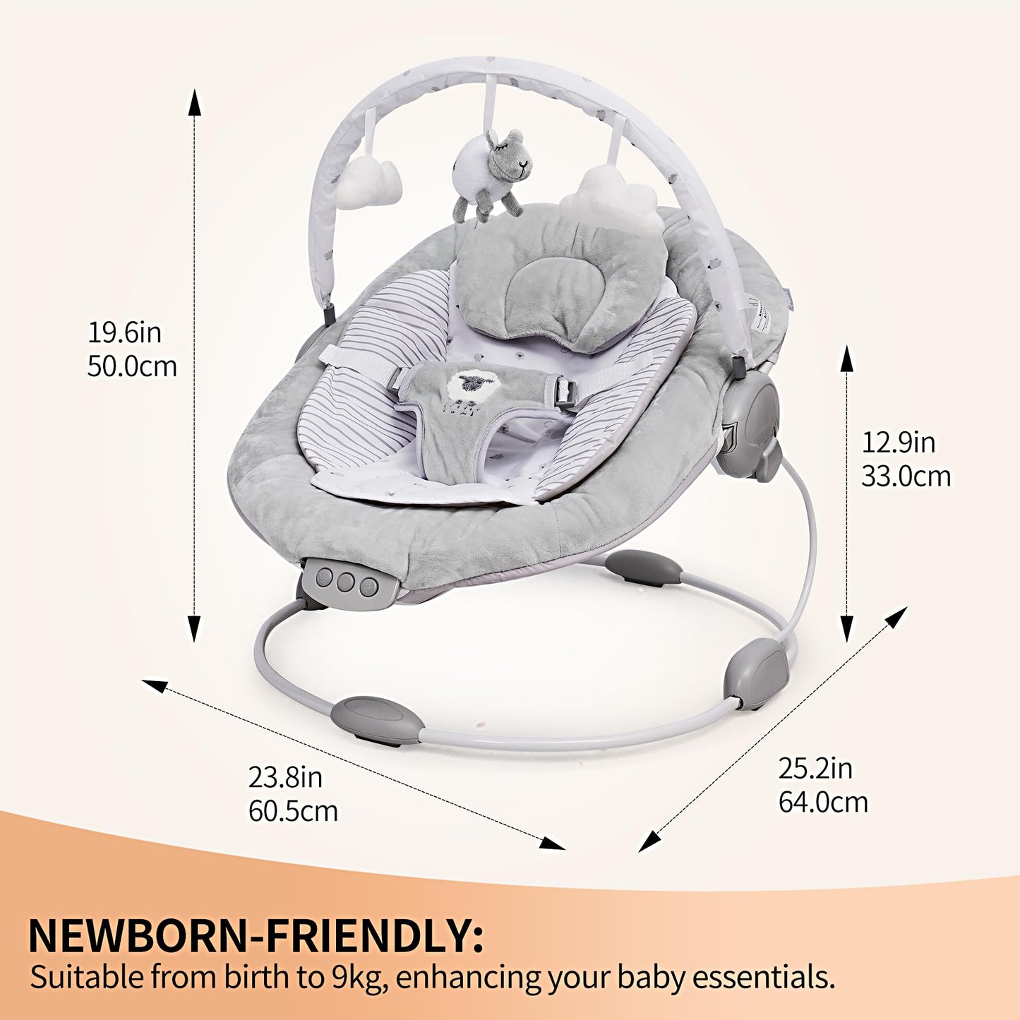 LADIDA soft padded lamb bouncer for newborns 0-6 months with soothing music and vibration, supporting comfort and gentle rocking.