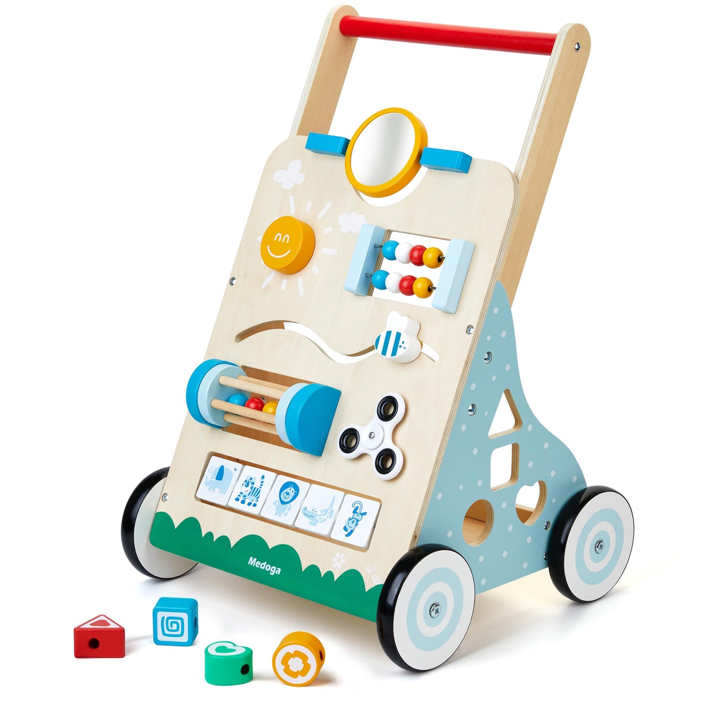 Wooden baby walker and activity center by medoga, 10-in-1 toddler walker toy with adjustable features for boys and girls.