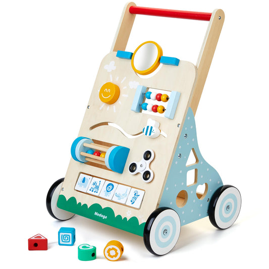 Wooden baby walker and activity center by medoga, 10-in-1 toddler walker toy with adjustable features for boys and girls.