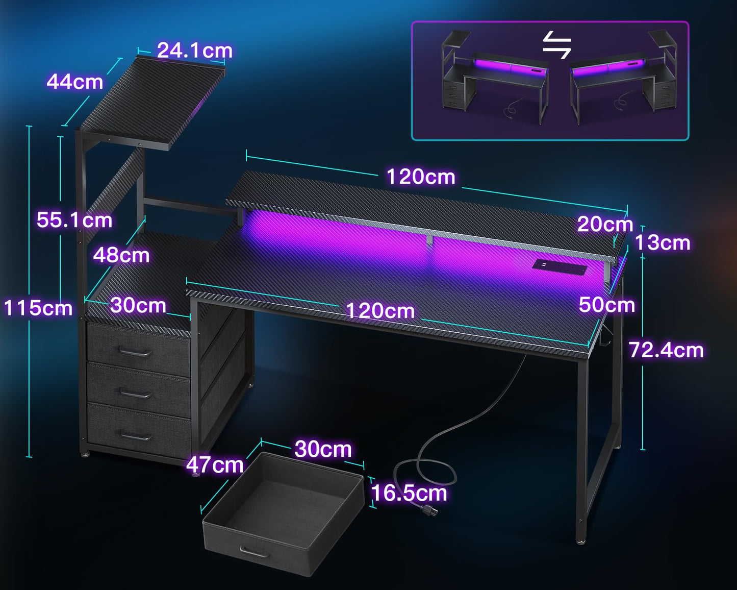 Coleshome gaming desk with LED lights, power outlet, drawers, monitor stand, and carbon fiber black finish.