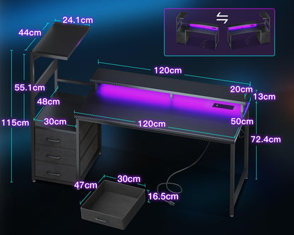Coleshome gaming desk with LED lights, power outlet, drawers, monitor stand, and carbon fiber black finish.