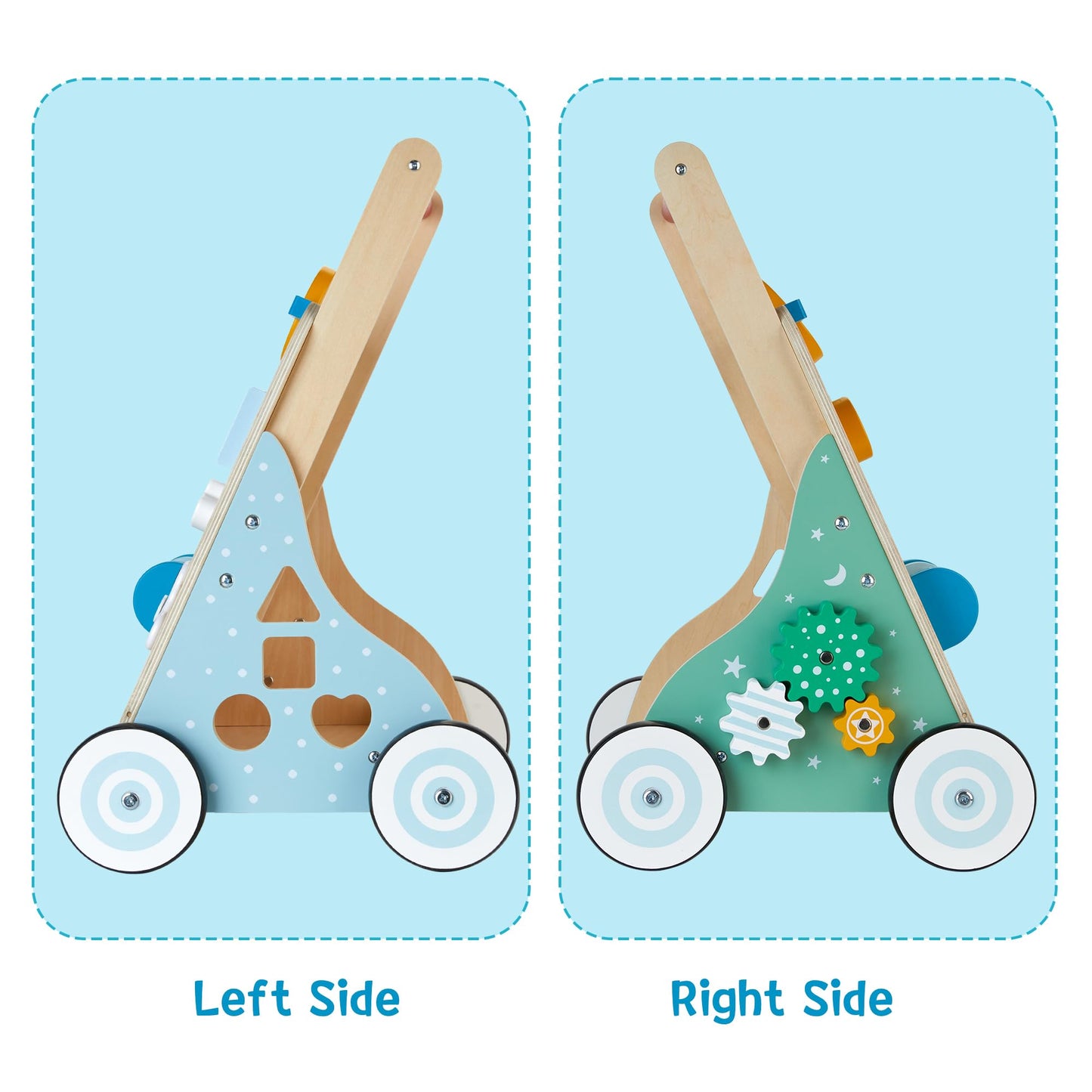 Wooden baby walker and activity center by medoga, 10-in-1 toddler walker toy with adjustable features for boys and girls.