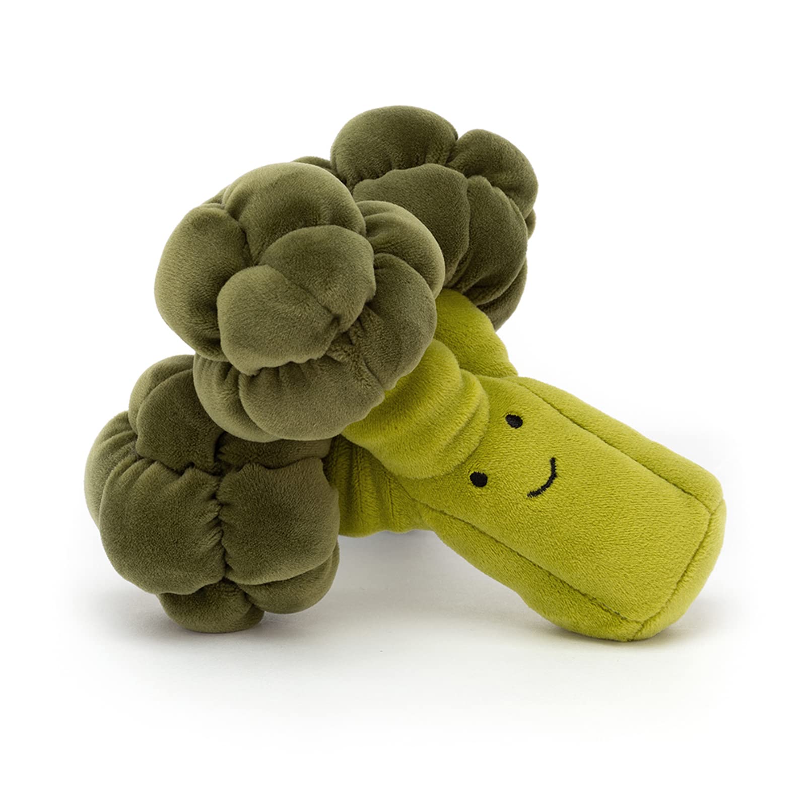 Jellycat Vivacious Vegetable Broccoli plush toy with bright green florets and a smiling face, perfect for kids' playtime.