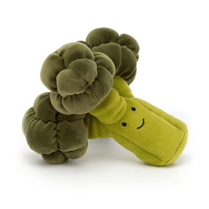 Jellycat Vivacious Vegetable Broccoli plush toy with bright green florets and a smiling face, perfect for kids' playtime.