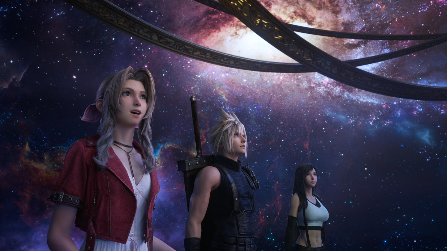 Square Enix FINAL FANTASY VII REBIRTH PlayStation 5 game case with artwork and Amazon exclusive In-Game Shinra Bangle visible.