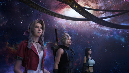 Square Enix FINAL FANTASY VII REBIRTH PlayStation 5 game case with artwork and Amazon exclusive In-Game Shinra Bangle visible.