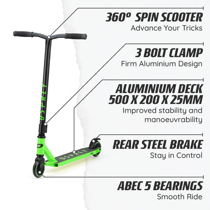 Osprey Stunt Scooter for Kids Ages 8-12, Freestyle Street Pro 360 Spin, Complete Trick With ABEC 5 Bearings, Green