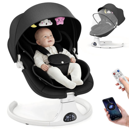 Helangel baby swing for infants and toddlers with 5-speed settings, Bluetooth music, 3-seat positions, and safety 5-point harness.